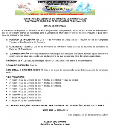 INSCRIÇÕES ABERTAS PARA O CAMPEONATO MUNICIPAL DE SINUCA